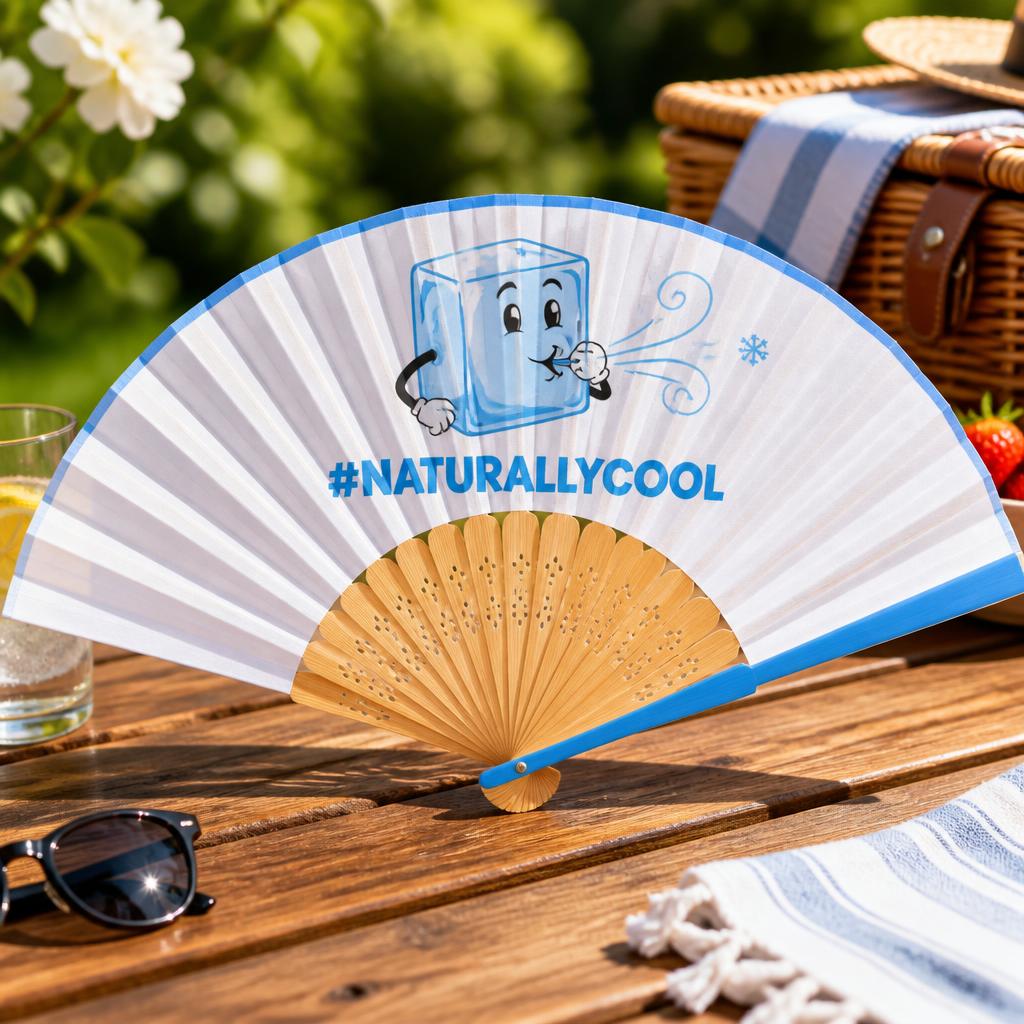 BreezeCuff Fan open on a sunny picnic table with the ice cube mascot printed on the panel