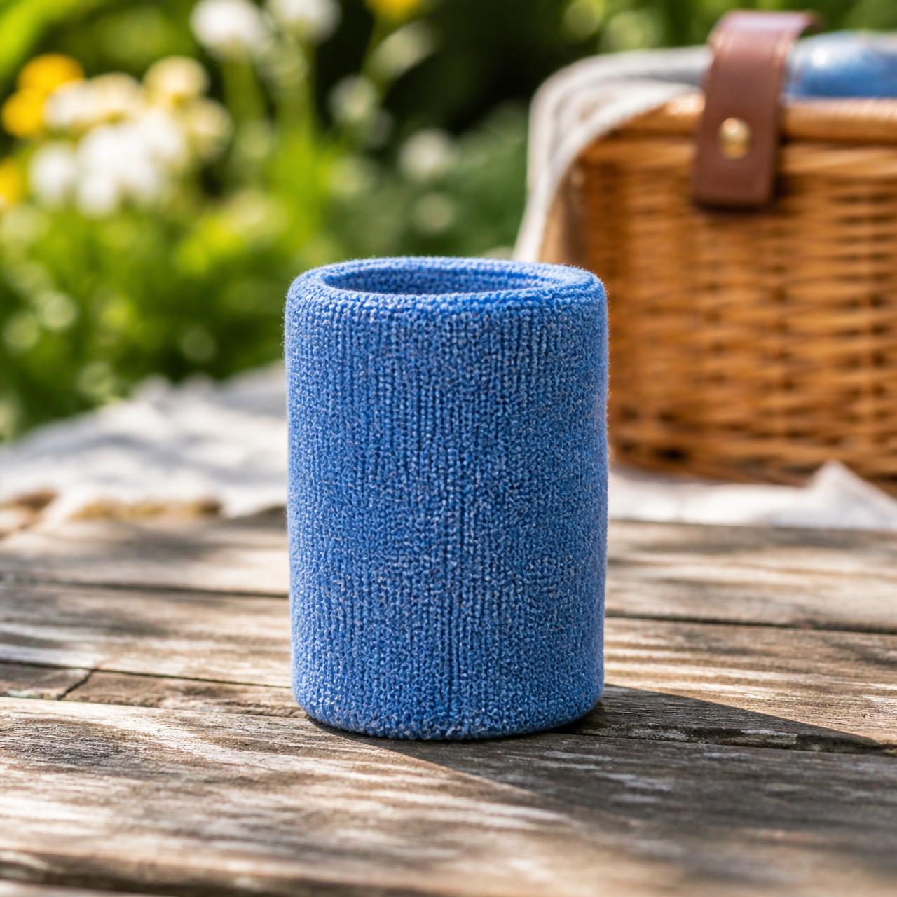 BreezeCuff cooling wrist cuff on a wooden picnic table in a sunny garden