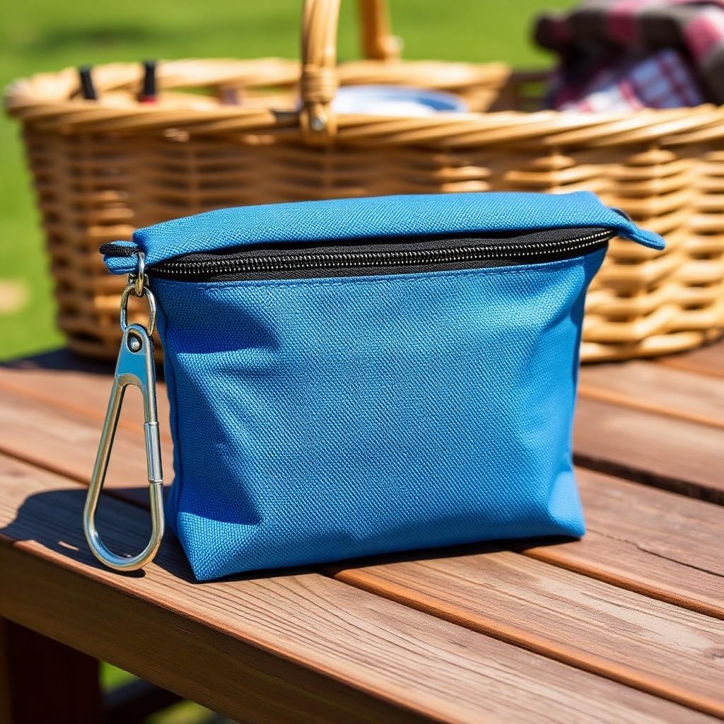 BreezeCuff Pouch clipped shut on a sunny picnic table